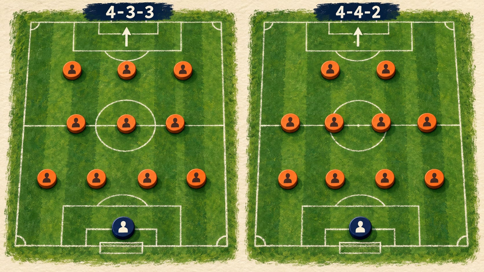 골키퍼를 따로 표시한 4-3-3과 4-4-2의 기본 선수 배치 비교